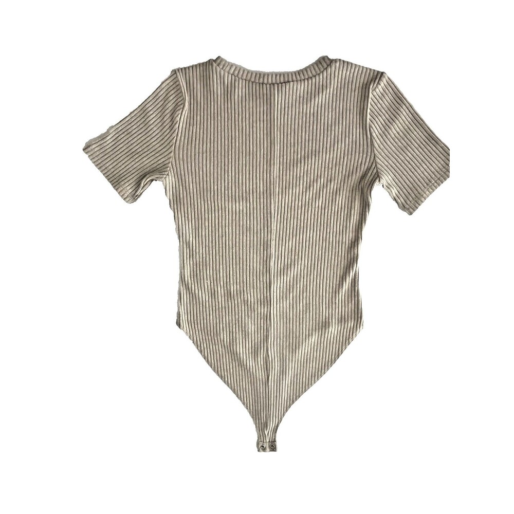 Forever 21 Ribbed  Bodysuit SZ M Soft Ribbed Neutral Minimalist Short Sleeve